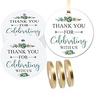 100 Thank You Favor Gift Tags - Greenery Thank You for Celebrating with Us Gift Tags, 2-inch roundCelebrating Gift Tags for Gift Wrap, Gift Bags, Wedding,with 3 Rolls of ribbon30m / 98.4ft.