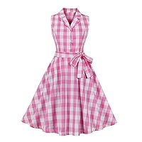 Women Vintage Pink Plaid Rockabilly Swing Party Dress Pink Gingham Dress 50s Audrey Dress Pink Checkered Tea Dresses