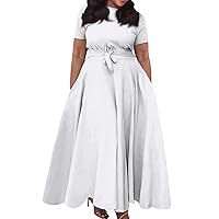 Dresses for Women Wedding Guest Formal Cap Dress for Evening Party Cocktail Crew Neck Short Sleeves Aline Dress for Church & Prom Summer Dresses for Women 2024 Vacation Trendy