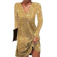 Women Dress Shiny Sequin Loose Long Sleeve Pullover Elastic Above Knee Length Party Club Mini