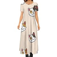 Lucky Cat Pattern Women's Summer Casual Short Sleeve Maxi Dress Crew Neck Printed Long Dresses