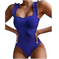 TUNUSKAT One Piece Bathing Suit for Women Summer Ruffle Strap Tummy Control Swimsuit Solid Push Up Bikini Monokini Beachwear