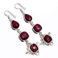 Gift For Girlfriend! Red Dyed Ruby HANDMADE Sterling Silver Plated EARRING 2.5