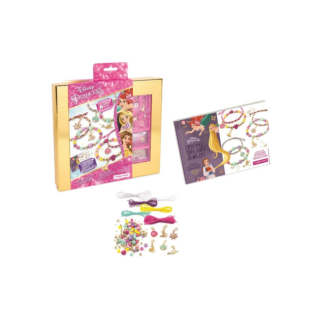 Make It Real - Disney Princess Crystal Dreams Jewelry - DIY Bead & Charm Bracelet Making Kit - Includes Jewelry Making Supplies, Charms with Swarovski Crystals & Exclusive Disney Princess Book