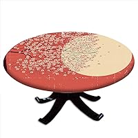 Spring Round fitted tablecloth, Cherry Blossom Sakura Tree Branches on Moon Japanese Style Illustration, Elastic edge, Table decoration cloth, party and camping, for 40