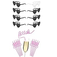 8 PCS Heart Shaped Black and Translucent Sunglasses and 11 PCS Pink Plastic Drinking Smoothie Straws for Women Bride & Team Bride Party Decorations Supplies Bachelorette Party Favors Bride to Be Gift