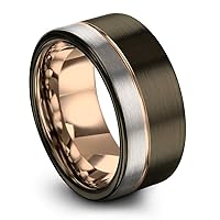 Tungsten Wedding Band Ring 10mm for Men Women 18k Rose Yellow Gold Plated Gunmetal Flat Cut Off Set Line Half Brushed Polished