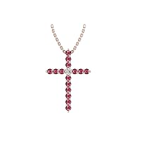 14k Rose Gold timeless cross pendant set with 15 round red ruby stones (1/2ct, AA Quality) encompassing 1 round white diamond, (.045ct, H-I Color, I1 Clarity), dangling on a 18