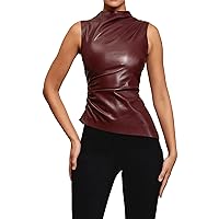 Womens PU Leather Collarless Hem Slim Fit Sleeveless Vest Top Tank Top Sleeveless Fitted Vest Tops