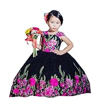2024 Black Hot Pink 3D Floral Flower Embroidery Mexican Ball Gown Mini Quinceanera Prom Dresses for Little Girls Toddler Kids