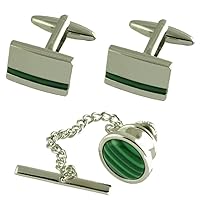 Gift Set Matching Cufflinks Green Malachite Oval Tie Tac