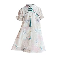 Summer New Bubble Sleeve Cheongsam Collar Scenery Flower Pattern Girl Fashion Dress Dress Girl