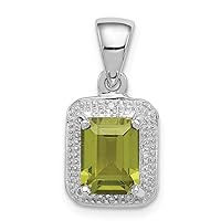 925 Sterling Silver Polished Prong set Open back Rhodium Emerald cut Peridot and Diamond Pendant Necklace Measures 19x9mm Wide Jewelry Gifts for Women