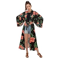 CowCow Womens Beach Cover up Swimsuit Kimono Cardigan Hibiscus Hawaii Flowers Floral Summer Tropical Leafs Pattern