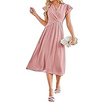 JASAMBAC Womens Dresses Casual Ruffle Short Sleeves Chiffon Empire Waist Elastic V-Neck Wedding Guest A-Line Maxi Dress