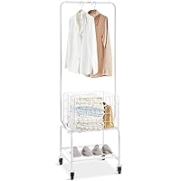 Metal Rolling Laundry Basket with Hanging Garment Rack, Laundry Hamper Cart Adjustable Height with Basket Load and Shelf Load, Storage Organizer with Heavy Duty Lockable Wheels