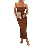 PRETTYGARDEN Women's Summer Bodycon Maxi Tube Dress Ribbed Strapless Side Slit Long Going Out Casual Elegant Party Dresses (Brown,Medium)
