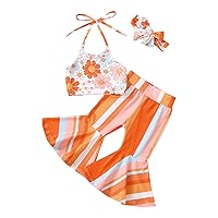 Kupretty Baby Girl Summer Clothes Toddler Bell Bottoms Outfits Flower Halter Crop Top Floral Flare Pants Clothing Set
