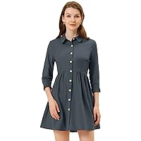 Allegra K Women's Casual Shirt Dress Ruched 3/4 Sleeve Button Up School Mini Dresses