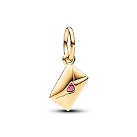 PANDORA Moments 762606C01 Love Letter Envelope Charm Pendant Made of Sterling Silver with 14 Carat Gold-Plated Metal Alloy, Cubic Zirconia, Compatible Moments Bracelets, Yellow Gold, Zircon