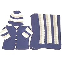 Knitted Crochet Finished Navy Cotton White Stripe Cardigan Hat and Blanket