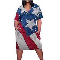 4th of July Dress Women Short Sleeve V Neck Mini T-Shirt Dresses 2024 American Flag Dress Plus Size Casual Summer Dress