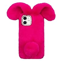 Bonitec Compatible with iPhone 14 Rabbit Case, Bling Fur Case for Girls Luxury Cute Warm Handmade Rabbit Bunny Furry Fuzzy Fluffy Soft 3D Ear Hair Plush Ball Protective Case Cover for Women,Rose
