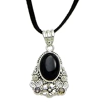 NOVICA Handmade Onyx Amethyst Flower Necklace Citrine .925 Sterling Silver Jewelry Black Pendant Cord Indonesia Floral Birthstone 'Empress Garden'