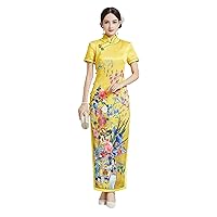 Evening Dress Silk Printing Cheongsam Short Sleeve Mock Neck Long Yellow Qipao Party Dresses 3455 XXL