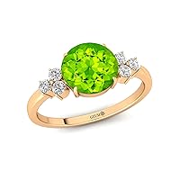 Women's Statement Ring, Green Peridot 18kt Yellow Gold Gemstone Birthsone Ring, 8MM ROUND Shape with 6 Diamond/Jewellery for Women, Gift for Mother/Sister/Wife