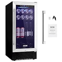 VEVOR 15-inch Beverage Refrigerator 96 Cans Under Counter Built-in or Freestanding Beer Fridge with Blue LED Light, Adjustable Shelves, Child Lock, ETL Listed, Black, Silver