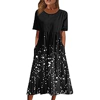 Calf-Length Short Sleeve Easter Dress Women Homewear Modern Crewneck Cotton for Ladies Slim Printed with Black M