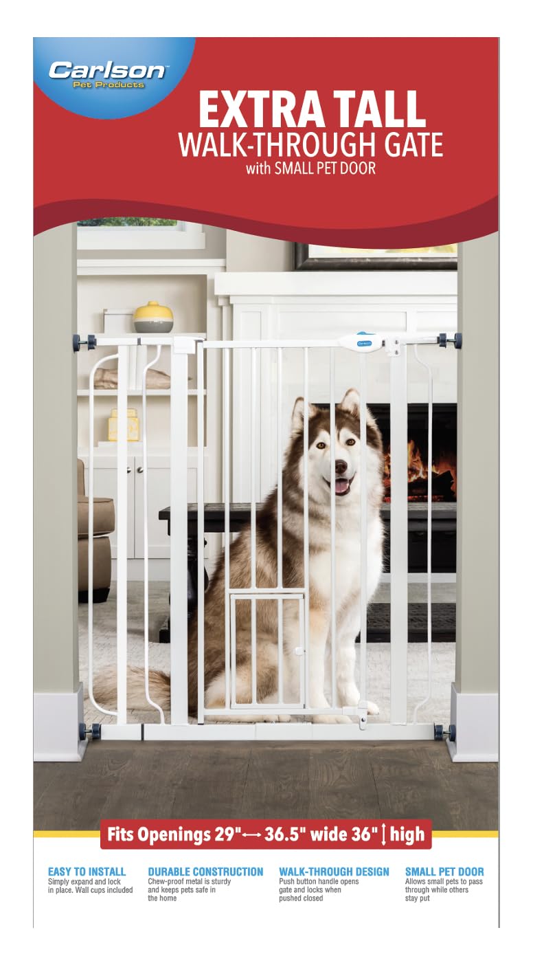 Carlson Extra Tall Walk Through Pet Gate with Small Pet Door, Includes 4-Inch Extension Kit, 4 Pack Pressure Mount Kit and 4 Pack Wall Mount Kit,White