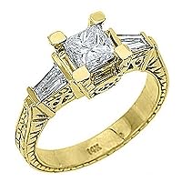 14k Yellow Gold 1.90 Carats Princess & Baguette Antique Diamond Engagement Ring