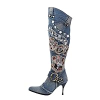 Women and Ladies Beading Embroidery Fall & Winter Denim Knee Boot Shoe