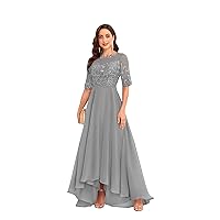 Mother of The Bride Dresses with Sleeves A-line Chiffon Lace Prom Dress Tea Length Party Dress for Women