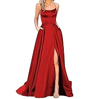 Dresses for Women 2024 Backless Satin Strap Party Long Dress Side Slit Wedding Dress with Pockets