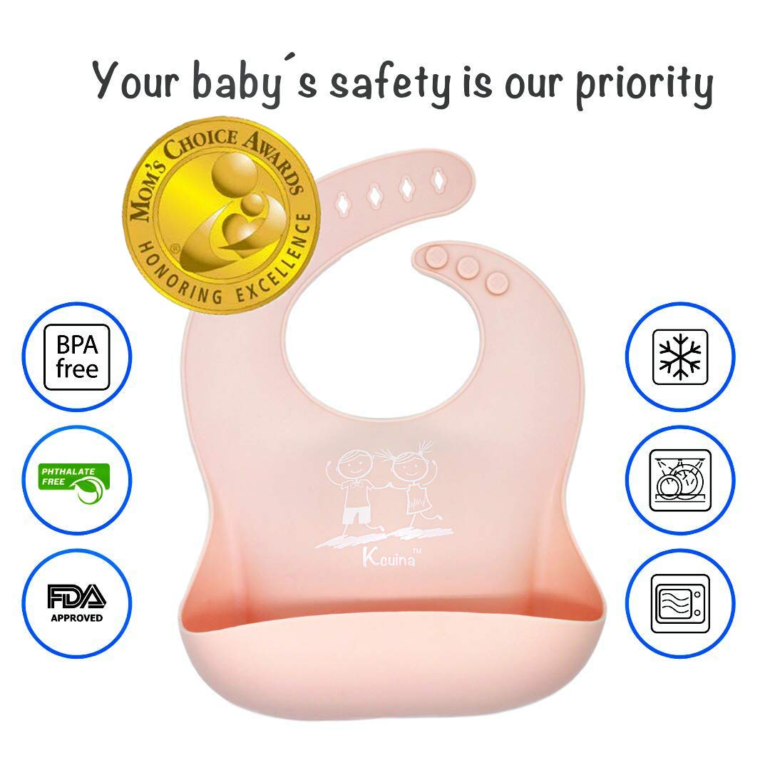 Kcuina Silicone Baby Feeding Set - Suction Plate, Bowl with Lid, Baby Spoons, and Bibs. First Stage Self-Feeding Utensils Set. Food Grade Silicone. BPA Free.