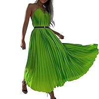 Women's Dresses Summer Dress Women Boho Halter Neck Long Dress Sleeveless Swing Beach Sundress with Belt(Green,Small