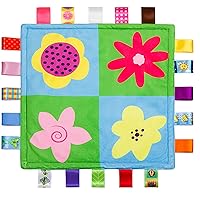 1 PC Soft Baby Tag Blanket,10.4x10.4INCH Cute Taggy Security Blanket, Colorful Label Blanket Gift for Baby(Four Flowers)