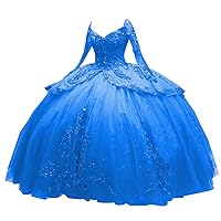 Mollybridal Sparkly Sequined Lace Applique V Neck Ball Gown Prom Quinceanera Dresses Mexican Long Illusion Sleeves 2024