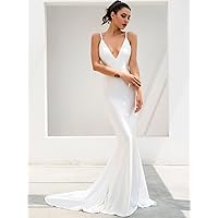 Womens Fall Fashion 2022 Ruched Detail Backless Floor Length Slip Dress (Color : White, Size : XX-Large)
