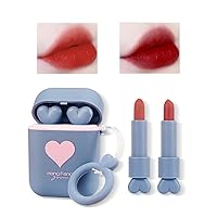 LAMUSELAND Matte Lipstick, 2Pcs/Set Waterproof Long Lasting Moisturizing Lip Stain Earphone Dual-color Lip Tint Gloss, Non-stick Cup Lip Make Up Gift Kit for Girls (Blue)