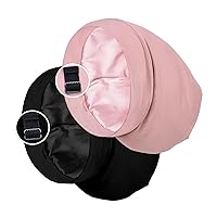 Satin Lined Sleep Cap Bonnet for Curly Hair and Braids, Stay On All Night Hair Wrap with Adjustable Strap for Women and Men, Black and Pink, Pack of 2