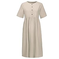 Women's Casual Dress Retro Solid Crewneck Button Short Sleeve Knee Length Midi Dress