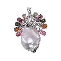 JYX Fine Peacock-Style White Baroque Pearl Pendant with Colorful Tourmaline