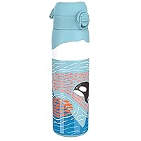 Ion8 Steel Water Bottle, 600 ml/20 oz, Leak Proof, Easy to Open, Secure Lock, Dishwasher Safe, Flip Cover, Fits Cup Holders, Carry Handle, Durable, Scratch Resistant, Raised Print, Blue, Whale Design