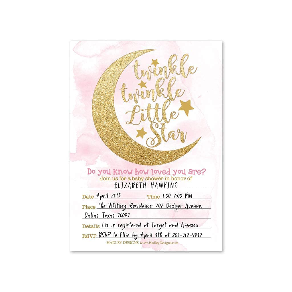 25 Twinkle Twinkle Girl Baby Shower Invitations, 25 Baby Shower Diaper Raffle Tickets For Baby Shower Girl, Moon Clouds Fill or Write in Blank Card, Diaper Raffle Cards, Baby Shower Invitation Inserts