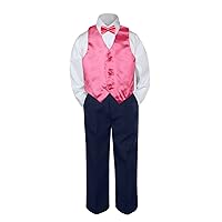 Leadertux 4pc Baby Toddler Boys Coral Red Vest Bow Tie Navy Blue Pants Suits S-7 (4T)