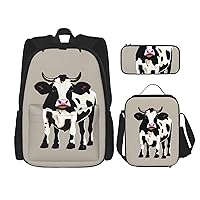 3-In-1 Backpack Bookbag Set,Cow Black Spot Print Casual Travel Backpacks,With Pencil Case Pouch, Lunch Bag